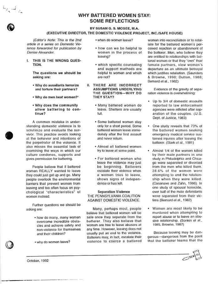 Why Battered Women Stay: Some Reflections